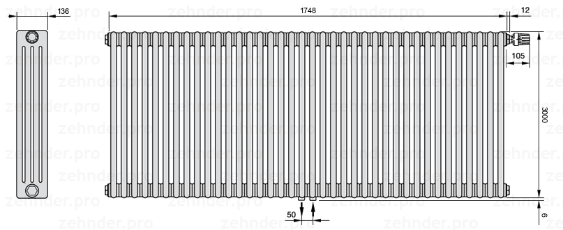 Схема (чертеж) Радиатор Zehnder Charleston 4300/38 №V008 Белый глянцевый RAL 9016